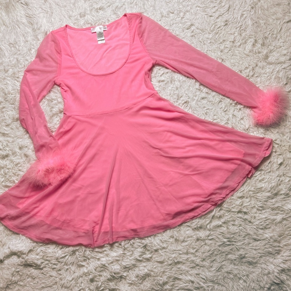 Pink Babydoll Dress Marabou Cuff Feathers Barbiecore Sheer Size Medium